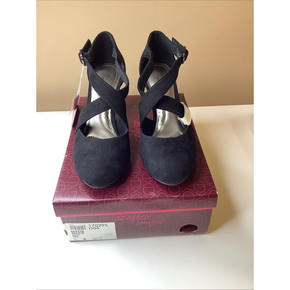 Dexflex Comfort Size 6 Women's Macie Black Faux Suede Cross Strap Pump Heel, NIB